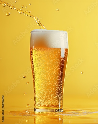 Frothy Beer Splashes From a Glass Against a Vibrant Yellow Backdrop