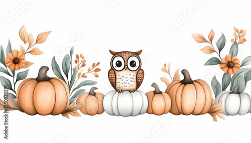 Cute owl perched on pumpkins amidst autumnal foliage