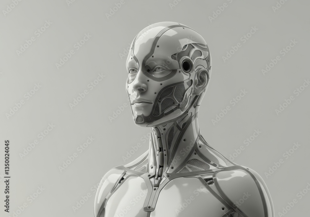 Modern artificial woman robot. Cybernetic humanoid with realistic face. Futuristic technology render for artificial intelligence, robotics and machine learning concept.
