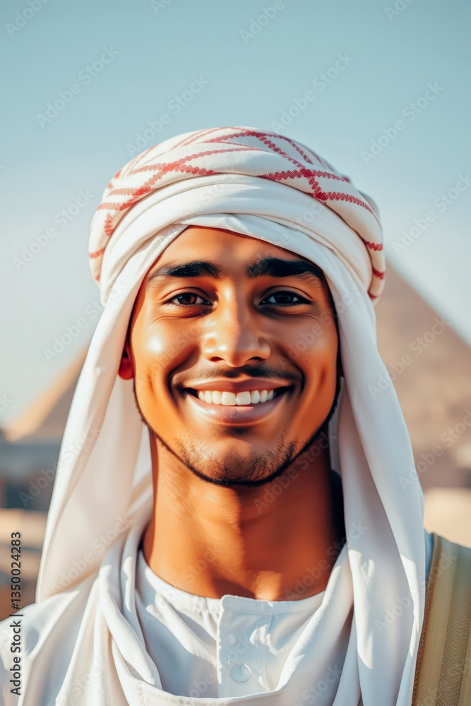 Smiling Young Man in Traditional Wear at Pyramids Smiling Young Man in Traditional Wear at Pyramids