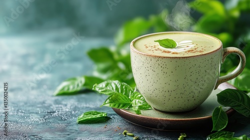 Refreshing Green Drink Topped With Matcha Powder Served With Fresh Herbs on W...