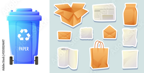 Paper waste sorting, blue waste paper container, waste separation and recycling. Stickers, sorting game for children, teaching eco-friendly habits.
