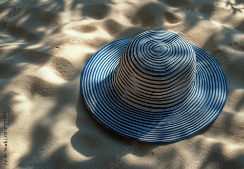 Stylish Striped Sun Hat Resting on Sandy Beach During Sunny Day