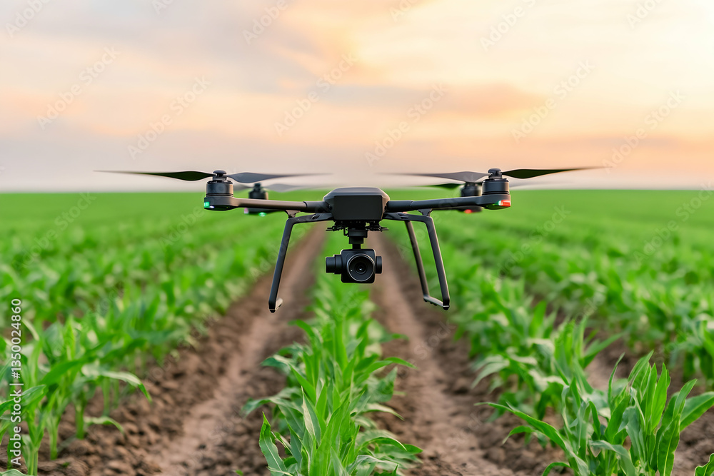 Drone surveying a cornfield at sunset Drone surveying a cornfield at sunset