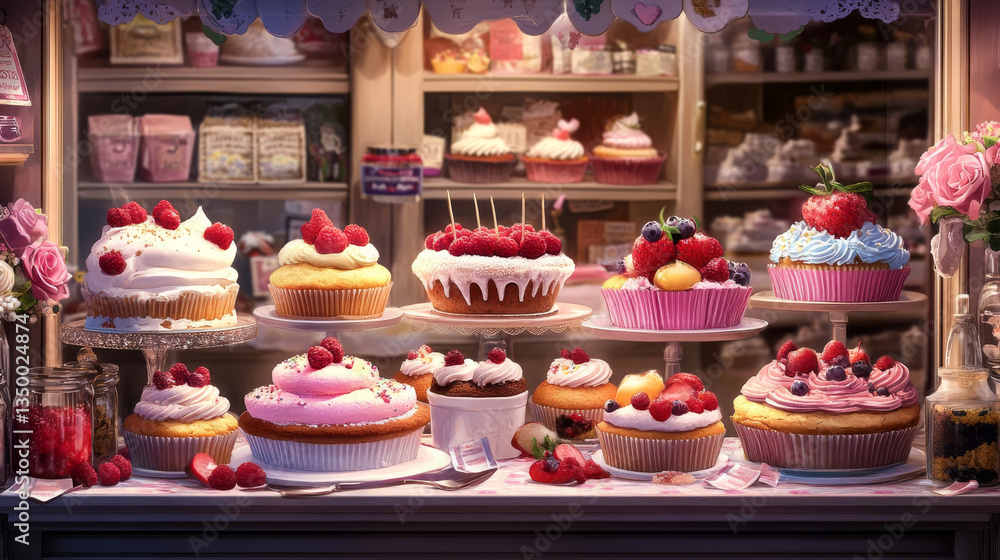 Dessert shop display with cakes and muffins. Vector cartoon illustration of shelf with chocolate pie, cheesecake, ice cream, croissant cupcakes decorated with fruit and berries, confectionery window Dessert shop display with cakes and muffins. Vector cartoon illustration of shelf with chocolate pie, cheesecake, ice cream, croissant cupcakes decorated with fruit and berries, confectionery window