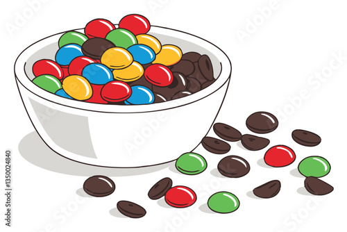 10 Colorful M&M candies, white ceramic bowl, vibrant candy colors, scattered chocolate pieces, close-up photography, bright lighting, crisp focus, glossy candy shells, primary colors, round shapes, sn