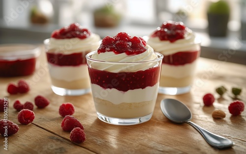 Delicious Raspberry Dessert Cups on Wooden Table With Natural Light