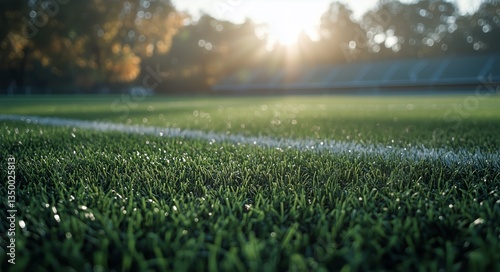 Early Morning Sunlight Shines on the Dewy Grass of a Soccer Field in a Serene...