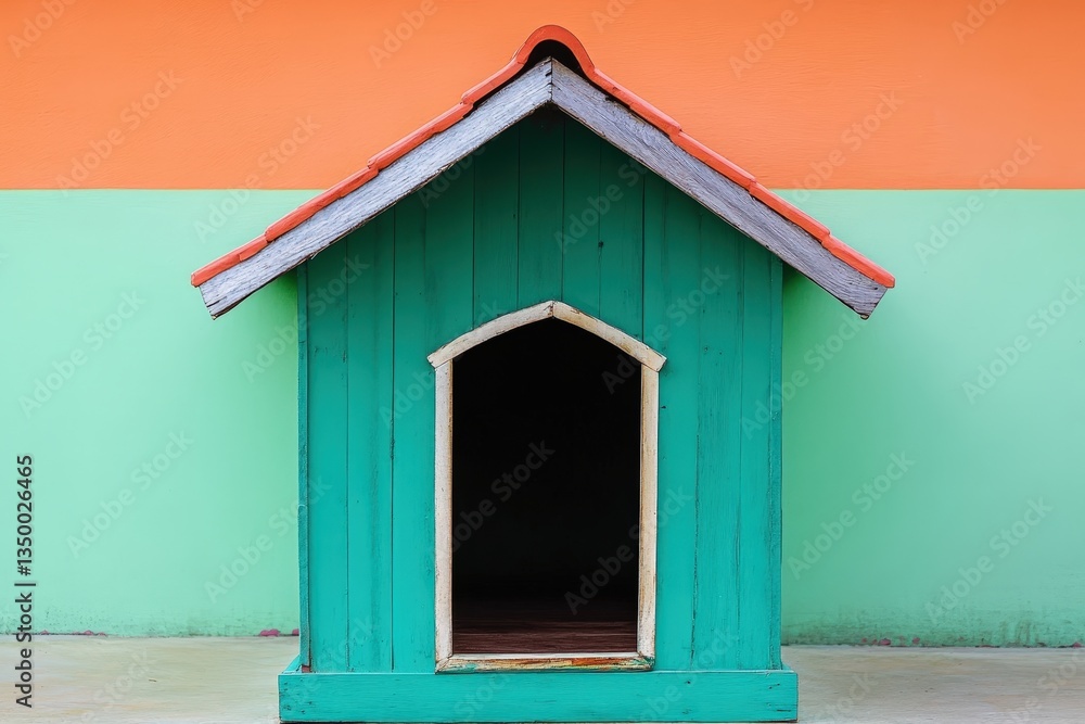 A Colorful Wooden Dog House Against a Bright Two Tone Wall A Colorful Wooden Dog House Against a Bright Two Tone Wall