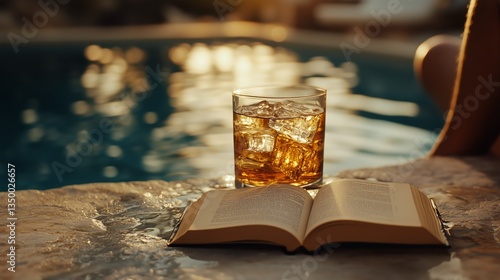 Relaxing by the Pool With a Book and a Refreshing Drink at Sunset