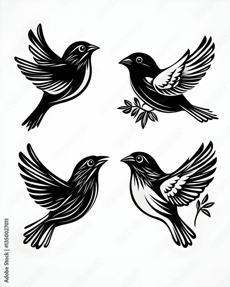 Fototapeta premium Four stylized black and white bird illustrations in flight, two with branches