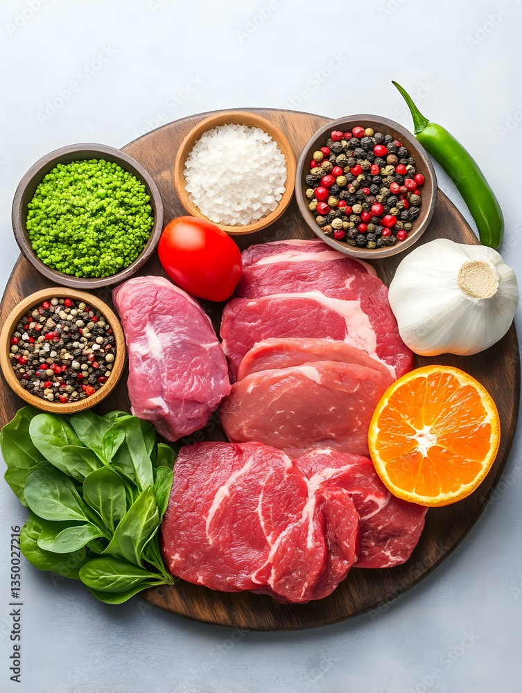 Fresh meat, vegetables, and spices arranged on a wooden board Fresh meat, vegetables, and spices arranged on a wooden board