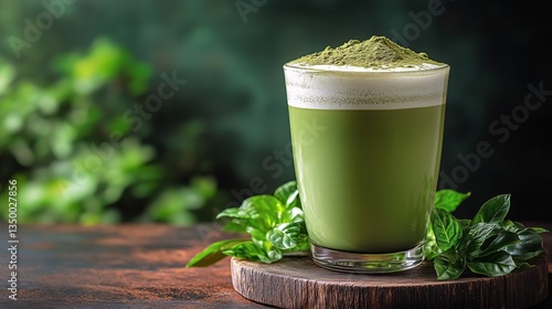 Refreshing Green Drink Topped With Matcha Powder Served With Fresh Herbs on W...