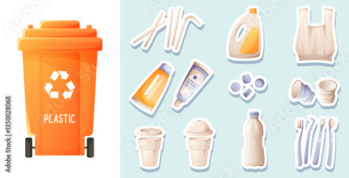 Set of plastic garbage, orange container for plastic packaging, concept of sorting, separation and recycling of garbage. Stickers, sorting game for children, teaching eco-friendly habits.