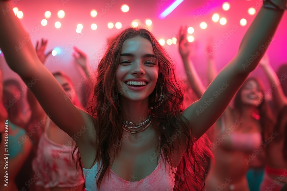 Obraz premium a woman joyfully celebrating at a party with her arms raised, embraced by a vibrant atmosphere and other people. The scene is filled with energy, with the people celebrating together