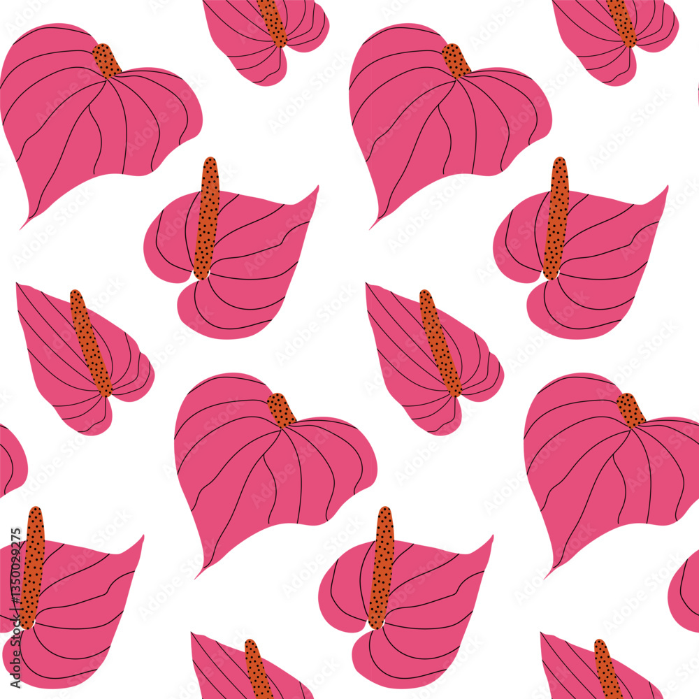 Obraz premium Seamless pattern with heart-shaped Anthurium. Bright botanical background with pink flowers and stamens. Simple vector illustration for fashion print, wallpaper, fabric, wrapping paper
