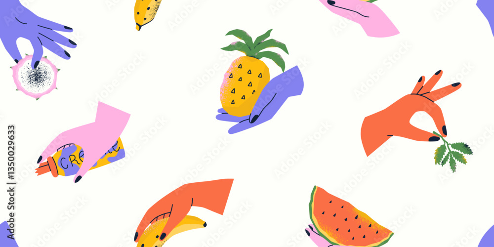 Fototapeta premium Quirky summer pattern with hands holding fruit. Print texture with dragon fruit, banana, watermelon, pineapple. Vector seamless illustration.