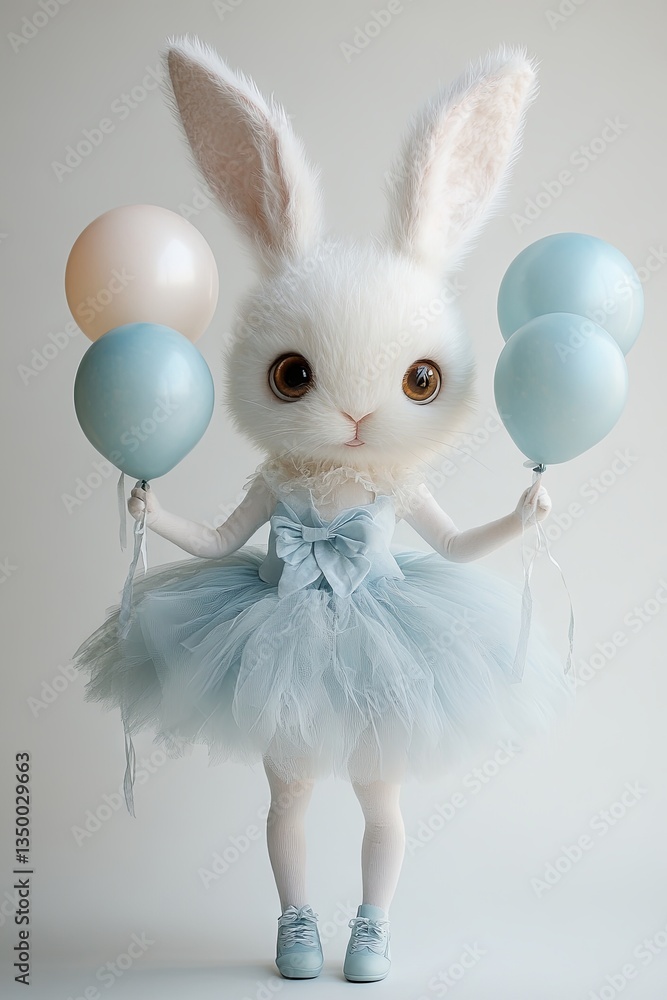 Obraz premium A soft rabbit ballerina in a light blue tutu and shoes stands on a white background, holding pastel balloons. Her fluffy white fur, large brown eyes, and playful expression evoke a whimsical, dreamy