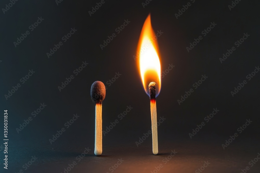 One lit match beside an unused matchstick showing contrasting states One lit match beside an unused matchstick showing contrasting states