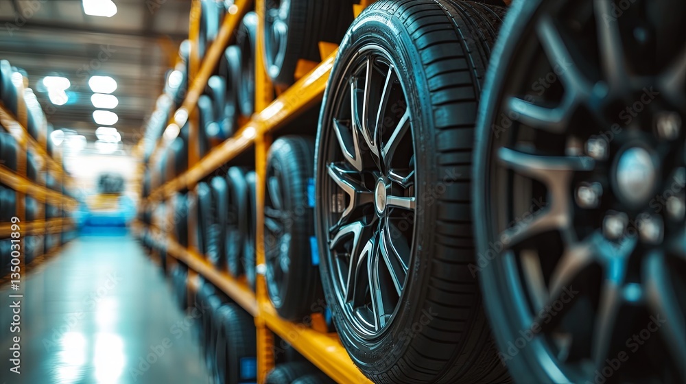Car tires and wheels at warehouse in tire store Car tires and wheels at warehouse in tire store
