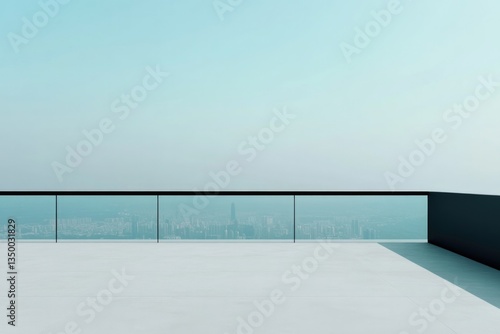 Minimalist balcony with expansive view, serene atmosphere, moder