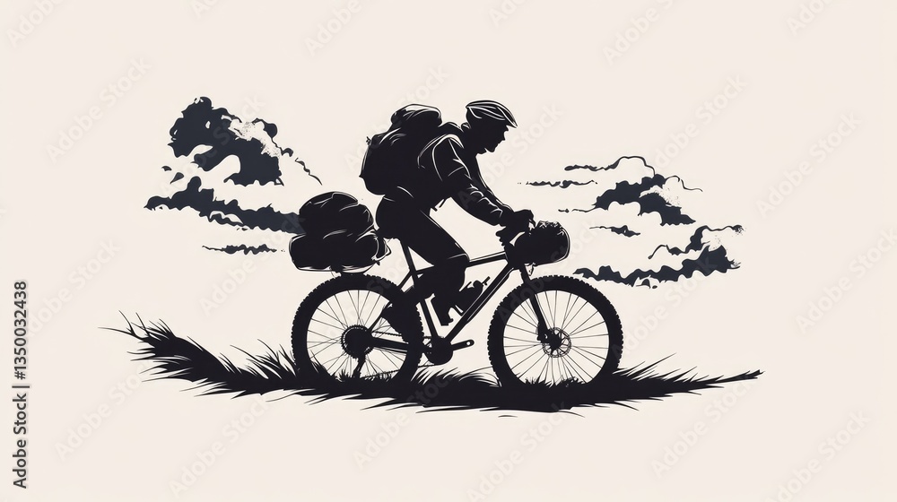 Obraz premium Silhouette of Adventure: Biker Packing for a Beautiful Journey Beneath a Cloudy Background