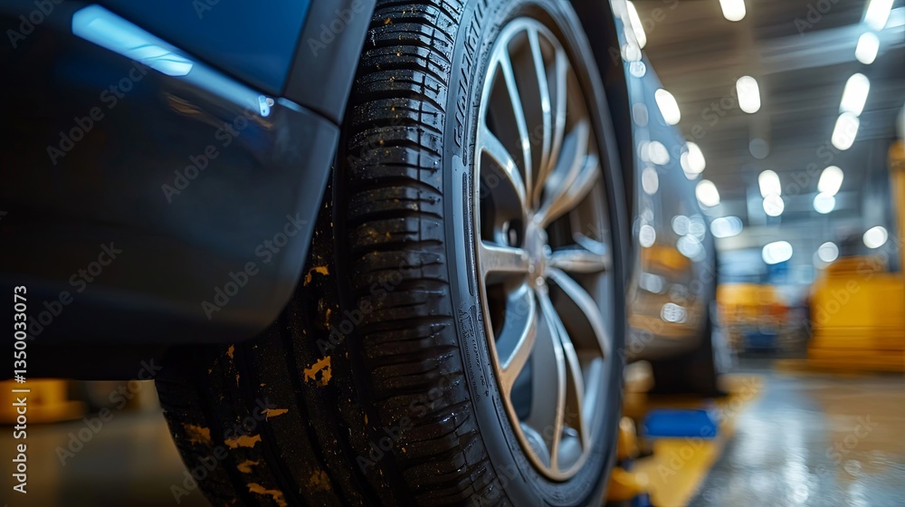 Fototapeta premium tire in a repair garage as a technician replaces winter and summer tires for a safe road trip, highlighting transportation and automotive maintenance