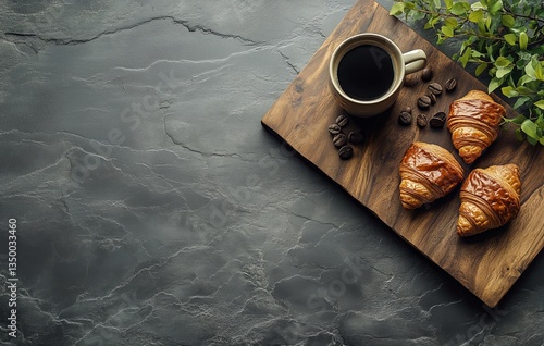 Enjoying Fresh Croissants and Coffee on a Wooden Board in a Cozy Setting