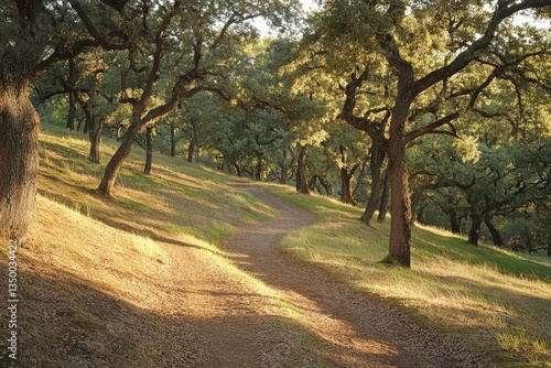 a winding dirt path through a sunlit forest, surrounded by old trees and greenery