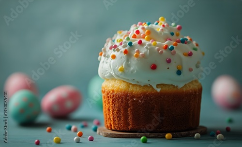 Colorful Cupcake With Sprinkles and Decorated Eggs Arranged on a Blue Backgro...
