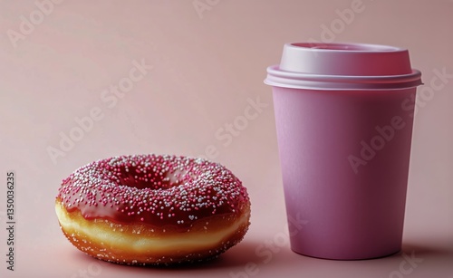 Colorful Donut and Pink Coffee Cup on Pastel Pink Background in a Cozy Setting
