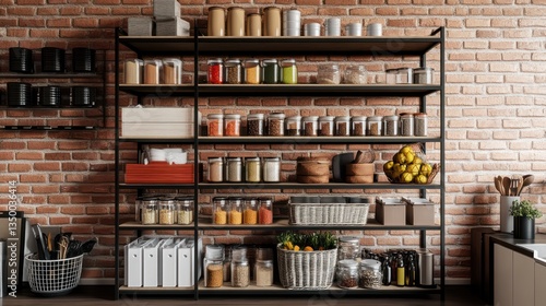 Organized pantry shelves in brick kitchen, food storage