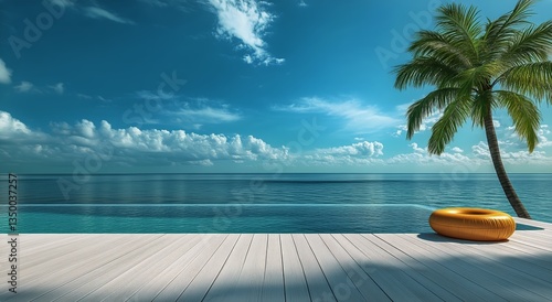 Serene Ocean View With Sunlit Palm Tree and Floating Ring on Wooden Deck at S...