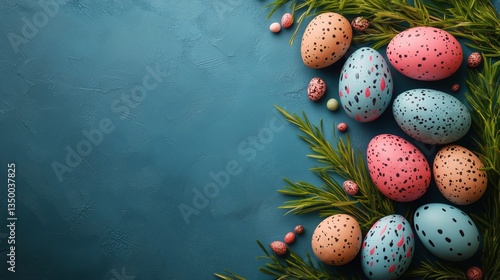Colorful Decorated Eggs Surrounded by Flowers for Spring Celebration