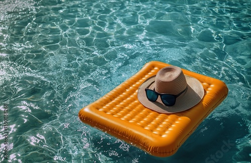 Floating Hat and Sunglasses on an Orange Pool Float in Clear Blue Water on a ...