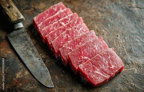 Freshly Sliced Marbled Beef Prepared on a Rustic Wooden Surface in a Kitchen ...