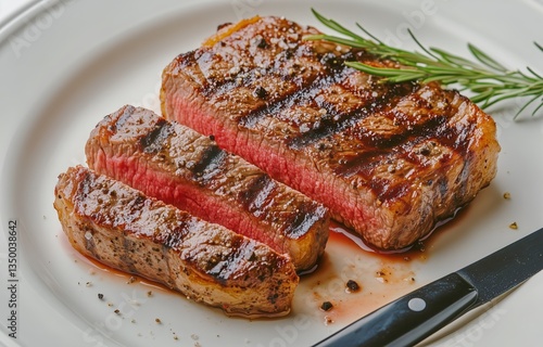 Perfectly Grilled Steak Served With Fresh Thyme and Pepper on a White Plate