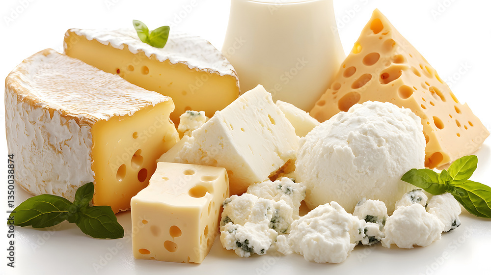 Assortment of fresh cheeses with milk on a white background. Studio shot showcasing diverse dairy products, concept for healthy eating, gourmet food, and culinary ingredients Assortment of fresh cheeses with milk on a white background. Studio shot showcasing diverse dairy products, concept for healthy eating, gourmet food, and culinary ingredients