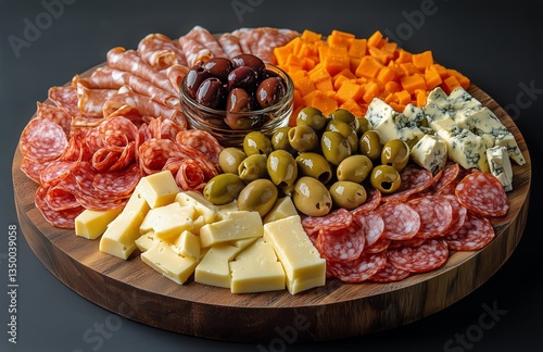 Cheese and Charcuterie Platter With Olives and Herbs on Wooden Board