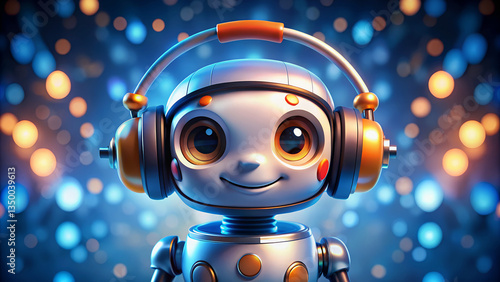 Cute Futuristic Robot with Shiny Metallic Body and High-Tech Headphones Enjoying Music