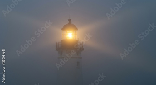 A lonely lighthouse partially obscured by thick fog, with a soft golden glow from its lantern.
