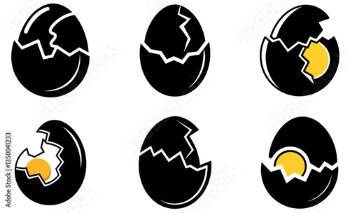 Six stylized, black and yellow icons of broken eggs.