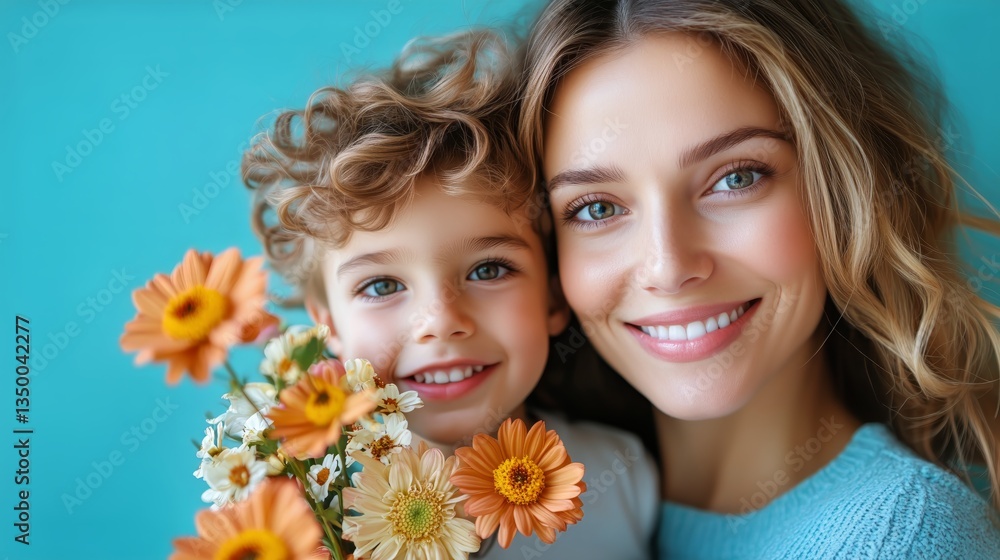 Smiling Woman and Child With Flowers Against Pink Background During Daytime Smiling Woman and Child With Flowers Against Pink Background During Daytime