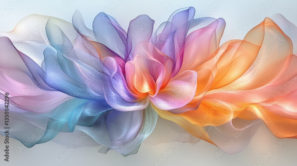 Fototapeta premium Abstract floral form blends colorful light and ethereal fabric texture