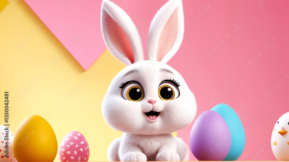 Fototapeta premium A white rabbit sitting on top of a wooden table next to colorful eggs.