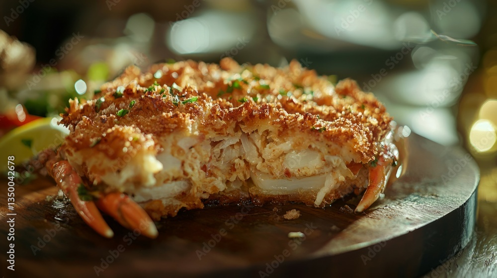 Perfectly Baked Crab Cakes with Garnish on Rustic Serving Board Perfectly Baked Crab Cakes with Garnish on Rustic Serving Board