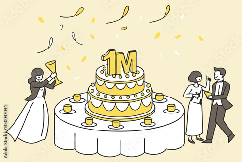 A joyful celebration scene with golden sparkling confetti cascading down over a 1 million milestone, creating a festive atmosphere
