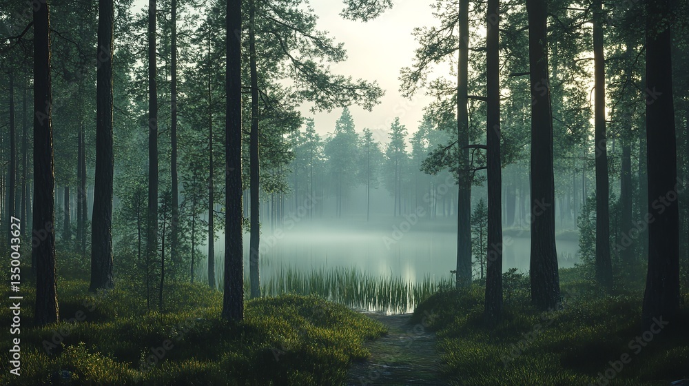 Obraz premium Misty autumn morning forest lake sunrise reflected in water.