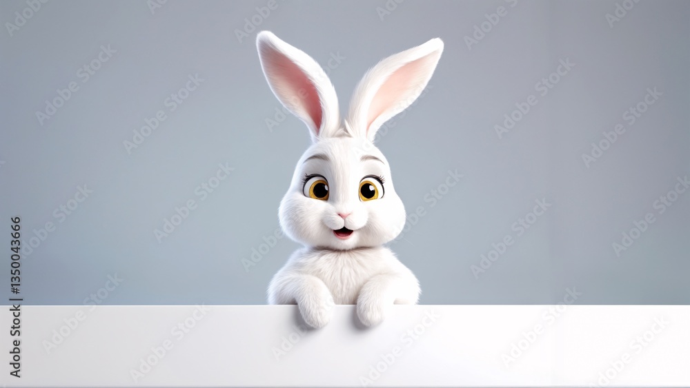 A white rabbit peeking over a blank sign. A white rabbit peeking over a blank sign.