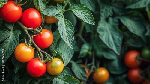 Fresh Red Tomatoes Growing on Lush Green Plants in a Garden at Sunset